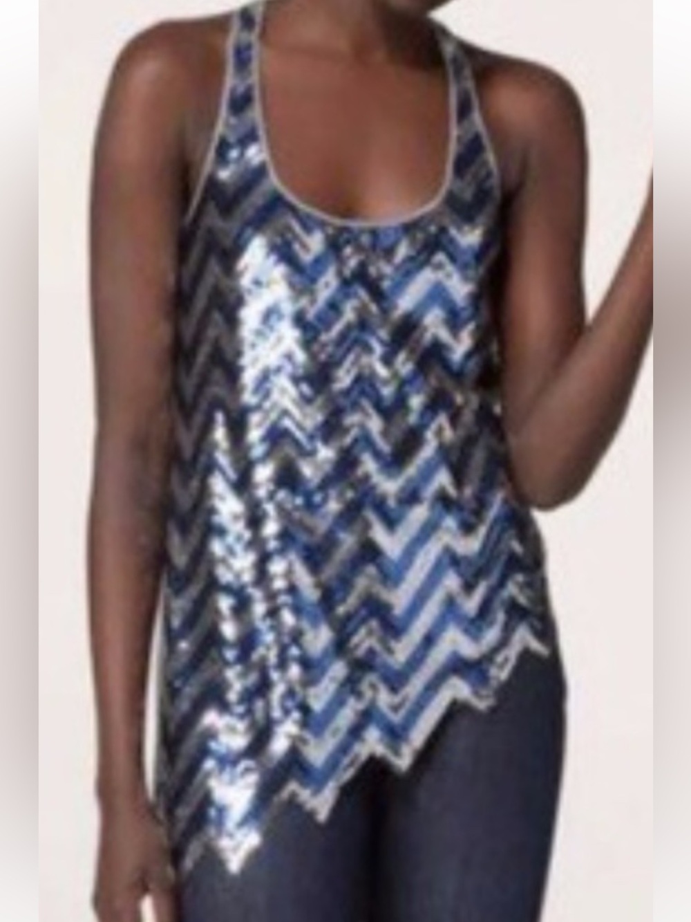 JayGodfrey Asymmetrical Sleeveless Sequin Tank Deep Blue & Silver Chevron 12